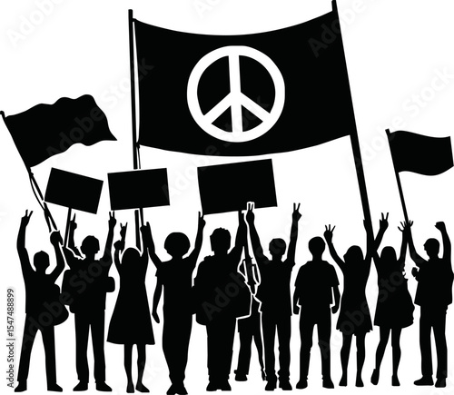 Group of people protesters vector silhouette illustration isolated. Man hand holding sign. Empty banner plate. Blank protest flag. Political agitation campaign. Demonstration social laborers rights
