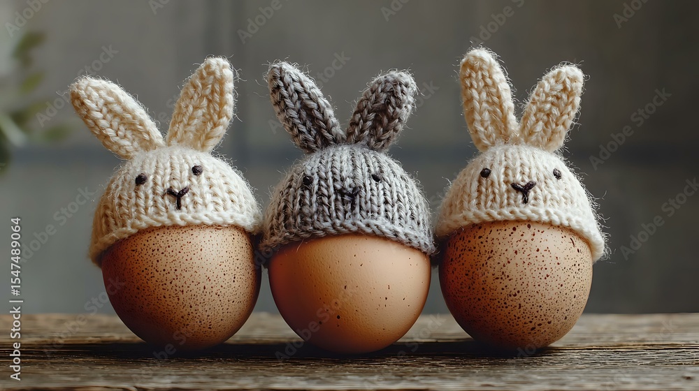 Fototapeta premium Fresh brown eggs wearing cute knitted bunny hats arranged in row on rustic wooden surface, creative Easter decoration concept for seasonal celebrations.
