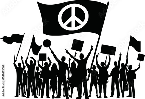 Group of people protesters vector silhouette illustration isolated. Man hand holding sign. Empty banner plate. Blank protest flag. Political agitation campaign. Demonstration social laborers rights