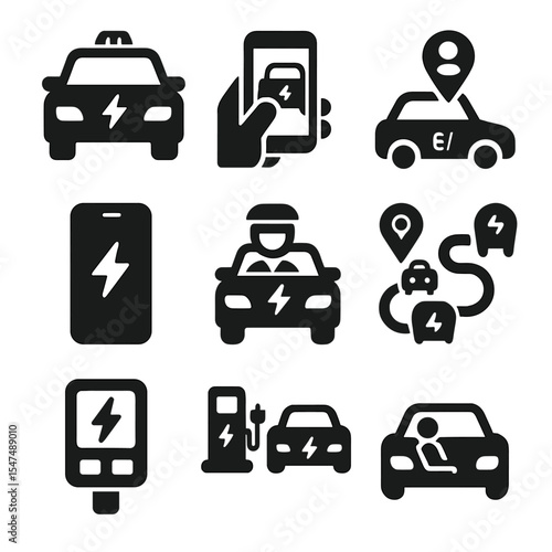 Electric Ride Icons. Solid style icons of EV ride-hailing and taxis: electric taxi icon, hail EV from phone, EV car with user pin,