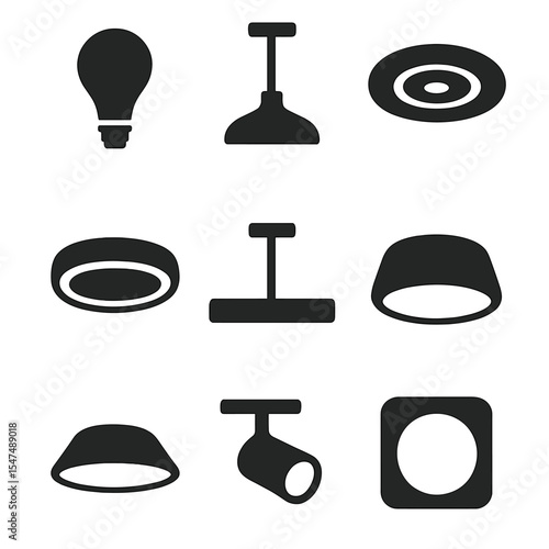 Minimal Lighting Icons. Solid style icons of minimal lighting design: single bulb icon, clean line fixture, recessed spot, flush