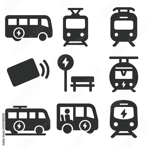 Electric Transit Icons. Solid style icons of electric public transit: electric city bus, electric tram, electric metro icon,