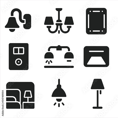 Luxury Hotel Lighting Icons. Solid style icons of luxury hotel lighting: hallway sconce icon, lobby chandelier, bedside switch