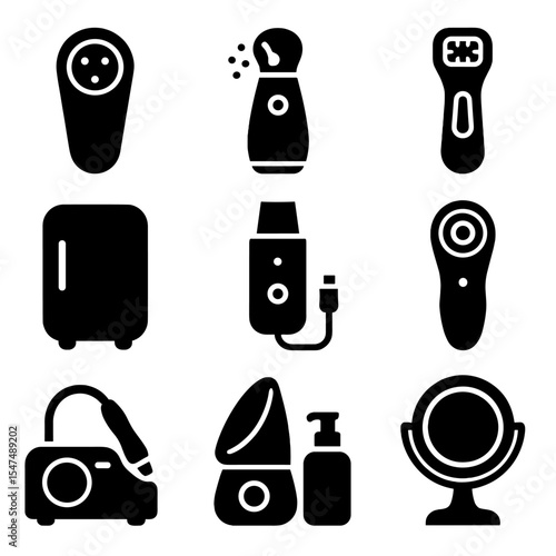 Home Beauty Tech Icons. Solid style icons of home beauty tech: mini LED face device, portable facial steamer, home-use RF wand,