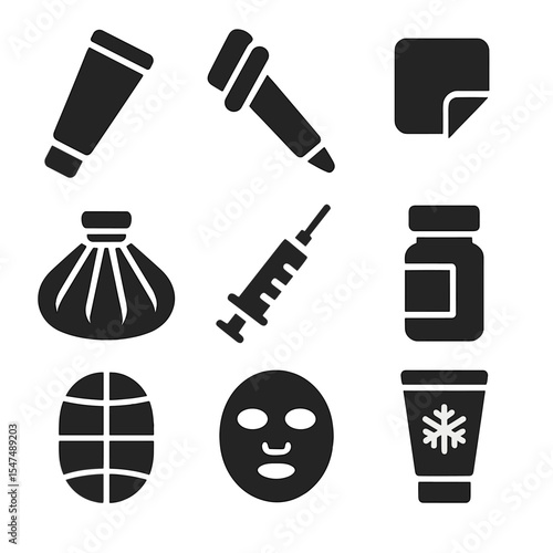 Cosmetic Injectables Icons. Solid style icons of cosmetic injectables support: numbing cream tube, skin marker pen, antiseptic