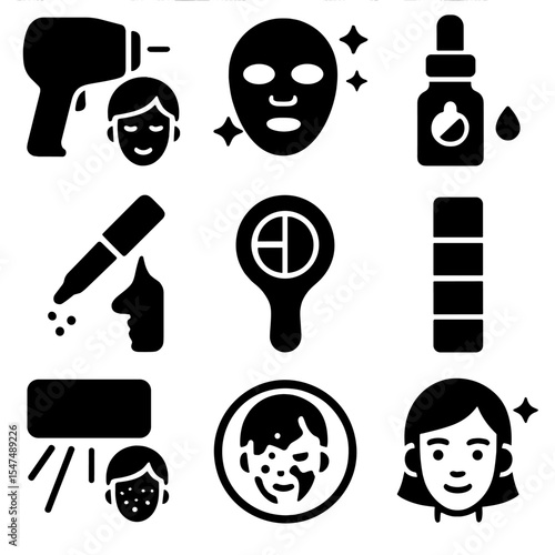 Skin Tone Treatment Icons. Solid style icons of pigmentation and tone treatments: IPL laser icon, brightening mask tool, tone