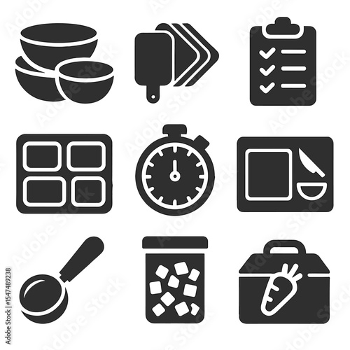 Food Prep Icons. Solid style icons of food prep efficiency: mise en place bowls, color-coded cutting boards, food prep checklist,