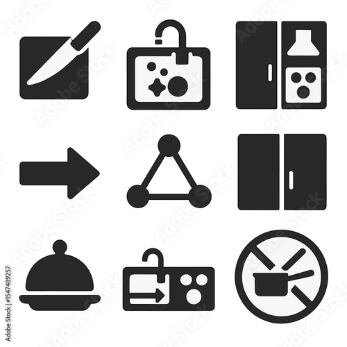 Kitchen Workflow Icons. Solid style icons of kitchen zoning and workflow: prep zone icon, clean zone symbol, cooking area layout,