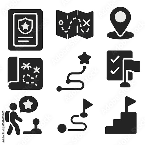 Learning Mission Icons. Solid style icons of learning missions and challenges: quest card, knowledge map, unlock checkpoint icon,