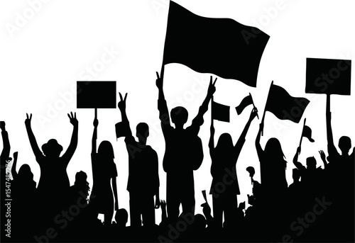 Group of people protesters vector silhouette illustration isolated. Man hand holding sign. Empty banner plate. Blank protest flag. Political agitation campaign. Demonstration social laborers rights