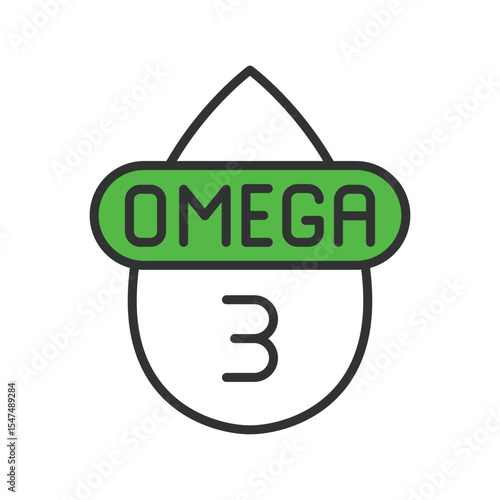 Omega 3, icon in line design green. omega-3, supplement, fish-oil, health, brain, heart, fatty-acid on white background vector. Omega 3, editable stroke icon