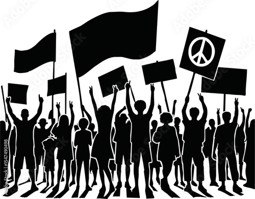 Group of people protesters vector silhouette illustration isolated. Man hand holding sign. Empty banner plate. Blank protest flag. Political agitation campaign. Demonstration social laborers rights