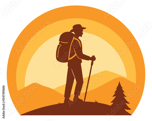 A hiker with backpack and trekking pole against sunset landscape vector illustration.