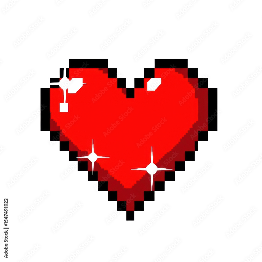 Fototapeta premium Pixelated red heart with sparkles on black background transparent PNG
