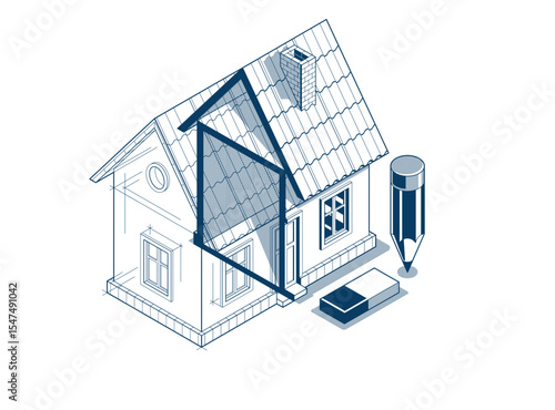 House project implementation embodiment concept, 3D isometric vector illustration of a small house building project, construction architectural model, idea in progress.