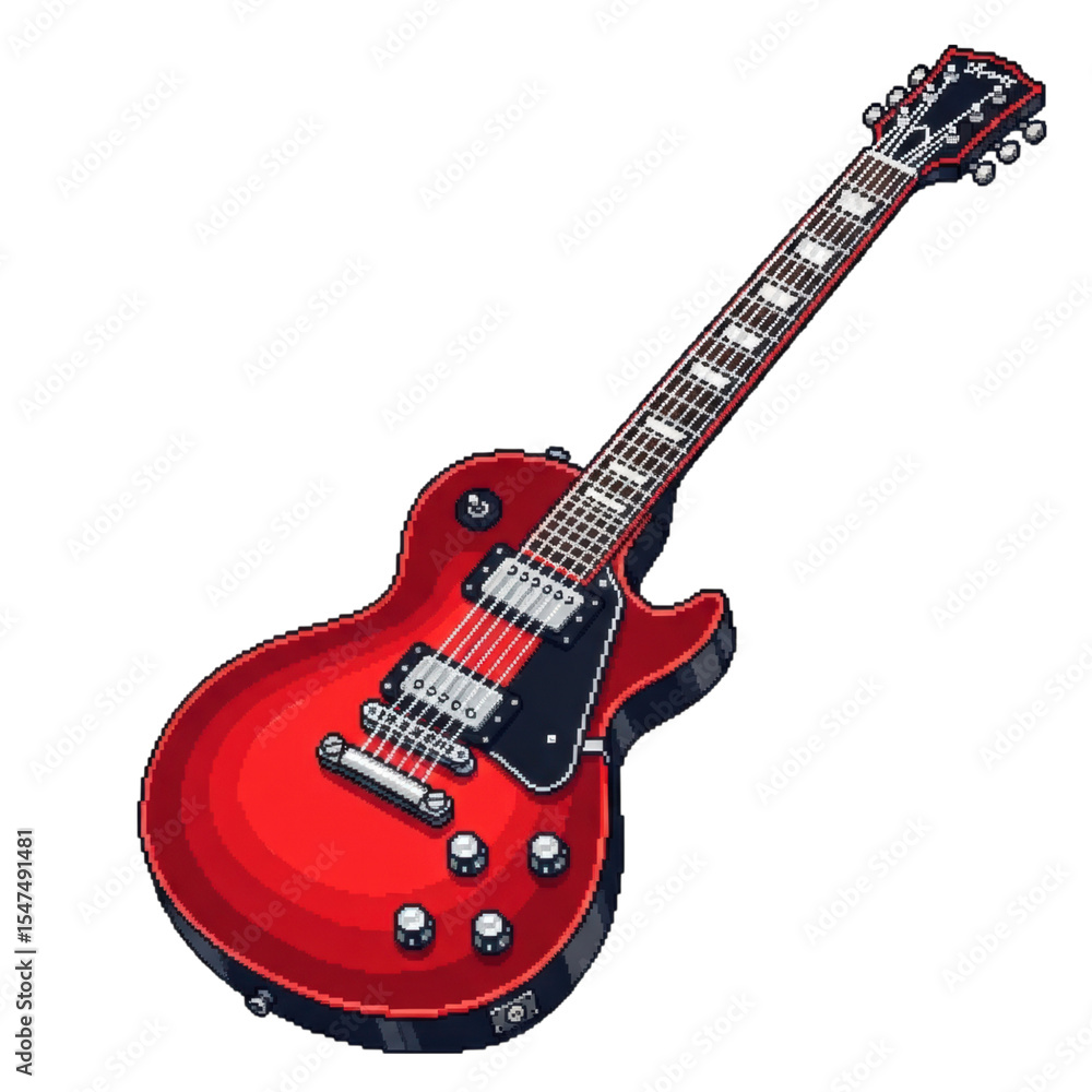 Fototapeta premium Red electric guitar pixel art with detailed design and shiny finish transparent PNG