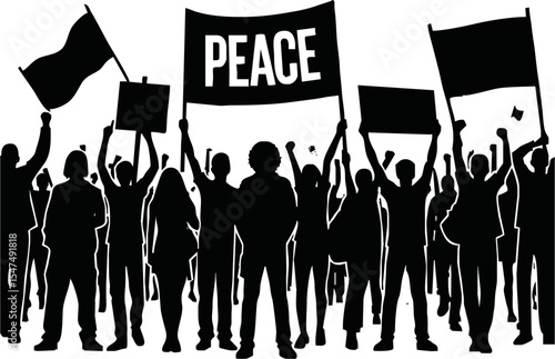 Group of people protesters vector silhouette illustration isolated. Man hand holding sign. Empty banner plate. Blank protest flag. Political agitation campaign. Demonstration social laborers rights