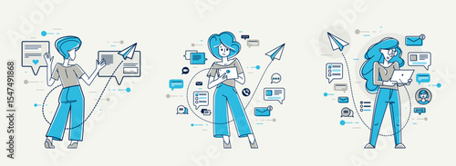 Work in social media, influencer messaging and comment some posts vector outline illustration set, support service, work with customers and audience.