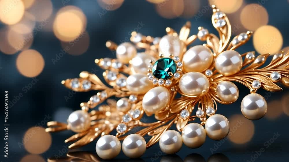 Golden brooch adorned with lustrous pearls and sparkling gemstones on a blurred dark background Golden brooch adorned with lustrous pearls and sparkling gemstones on a blurred dark background