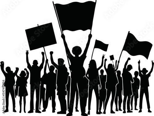 Group of people protesters vector silhouette illustration isolated. Man hand holding sign. Empty banner plate. Blank protest flag. Political agitation campaign. Demonstration social laborers rights