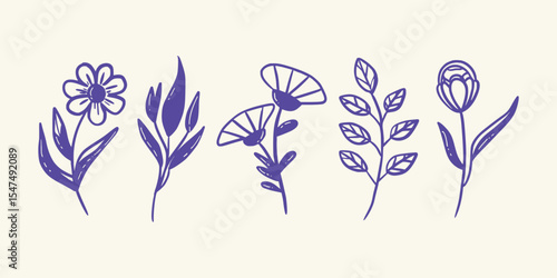 Textured Top View Flower Head Sketches in Hand-Drawn Crayon Style. Vector art illustration isolated transparent background