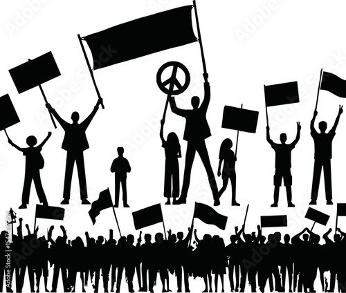 Group of people protesters vector silhouette illustration isolated. Man hand holding sign. Empty banner plate. Blank protest flag. Political agitation campaign. Demonstration social laborers rights