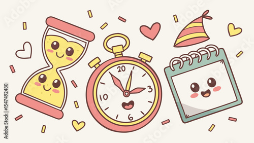 Cute Time Planning Calendar Stopwatch Hourglass Event Celebration New Year Countdown Doodle Cartoon Illustration