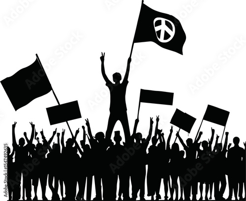 Group of people protesters vector silhouette illustration isolated. Man hand holding sign. Empty banner plate. Blank protest flag. Political agitation campaign. Demonstration social laborers rights