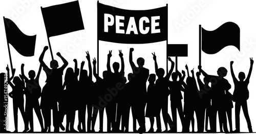 Group of people protesters vector silhouette illustration isolated. Man hand holding sign. Empty banner plate. Blank protest flag. Political agitation campaign. Demonstration social laborers rights