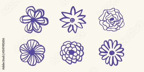 Textured Ink Flower Petal Variations in Bold Handcrafted Drawing Style. Vector art illustration isolated transparent background