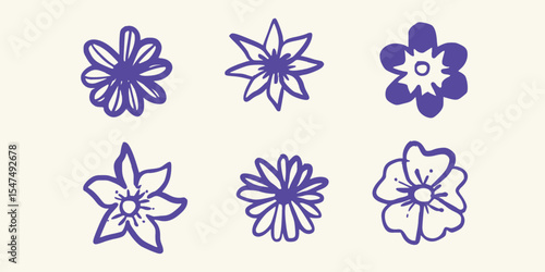 Bold and Clean Top View Flower Heads in Hand-Drawn Line Art Style. Vector art illustration isolated transparent background