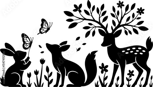 Animal  Whimsical Cats and Birds in Trees Silhouette vector