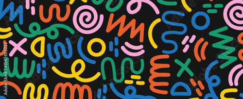 Memphis seamless geometric pattern. Multicolored abstract background in retro style of the 80s, 90s with various shapes: circles, dots, zigzags, spirals, wavy lines. eps 10