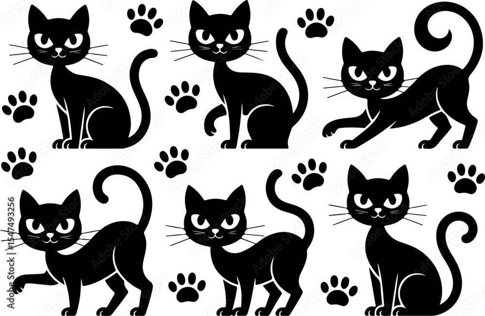 Animal Whimsical Cats and Birds in Trees Silhouette vector Animal Whimsical Cats and Birds in Trees Silhouette vector