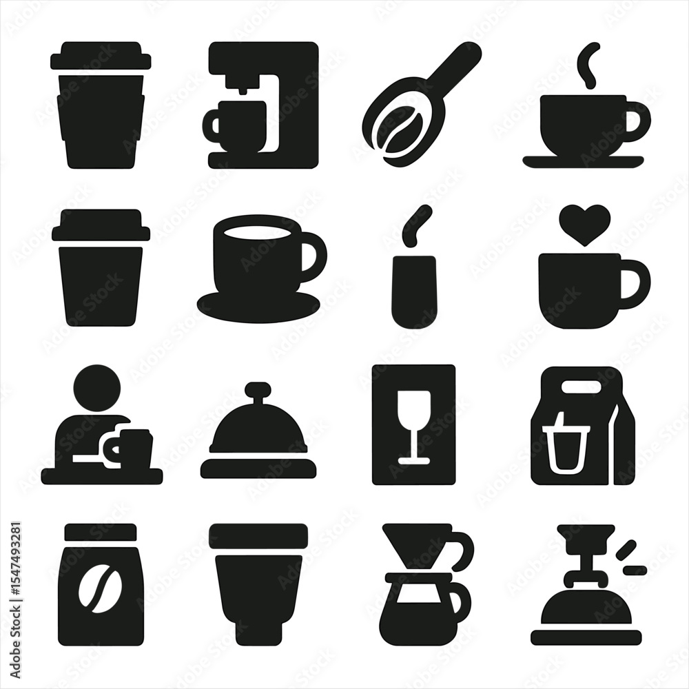 Obraz premium Coffee Icon Collection. Solid style icons of coffee silhouette: takeaway sleeve icon, coffee brewing icon, bean measuring scoop,
