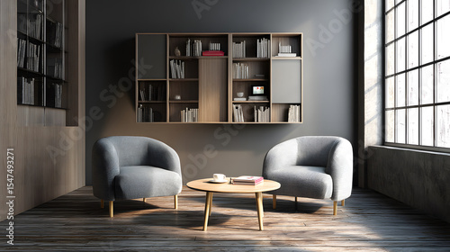 Stylish modern living room featuring gray armchairs and a wooden coffee table.
