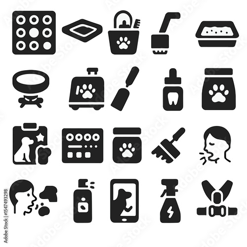 Pet Care Icons. Solid style icons of pet care: interactive treat puzzle, pet cooling mat, pet grooming caddy, portable litter box,