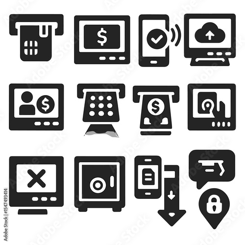 ATM Banking Icons. Solid style icons of ATM and banking: ATM slot showing chip reader, ATM displaying real-time balance, mobile