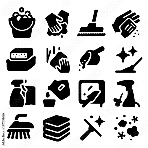 Home Cleaning Icons. Solid style icons of home cleaning: bucket filled with soap bubbles, gloves squeezing sponge, vacuum head on