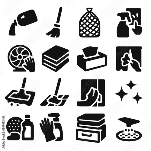 Home Cleaning Icons. Solid style icons of home cleaning: detergent bottle pouring icon, broom leaning on wall, laundry net bag