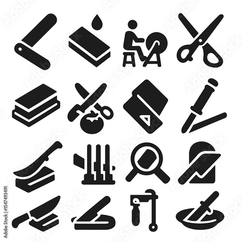 Blade Sharpening Icons. Solid style icons of blade sharpening: folding sharpening rod, oil stone with drip icon, sharpening wheel