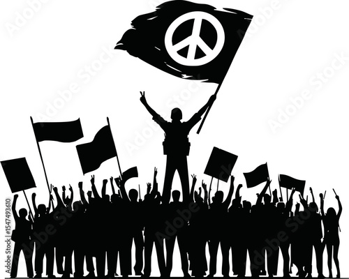 Group of people protesters vector silhouette illustration isolated. Man hand holding sign. Empty banner plate. Blank protest flag. Political agitation campaign. Demonstration social laborers rights