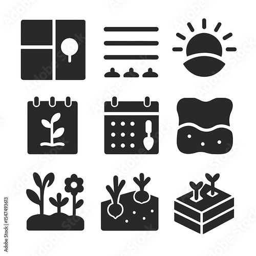 Garden Planning Icons. Solid style icons of garden planning and design: plot map, row spacing, sun exposure chart, crop rotation
