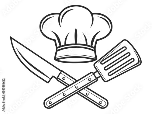 Classic chef's hat knife logo and spatula crossed symbol for culinary theme design.