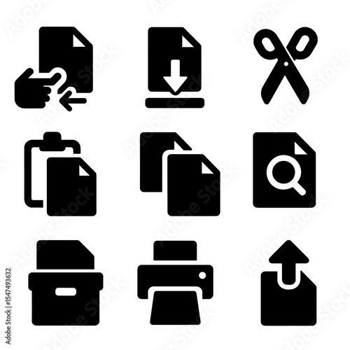 File Action Icons. Solid style icons of file actions: drag file, drop file, cut file, paste file, duplicate file, preview file,