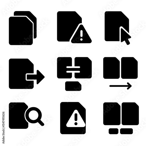 File Icon Concepts. Solid style icons of duplicate and conflict files: duplicate icon, conflict alert, rename suggestion,