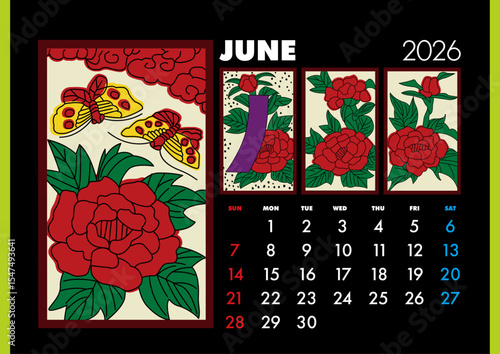 2026 June 花札カレンダー6月_牡丹