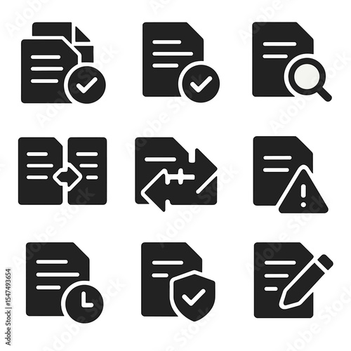 Conflict Resolution Icons. Solid style icons of file conflict resolution: resolve conflict, choose version, file comparison tool,