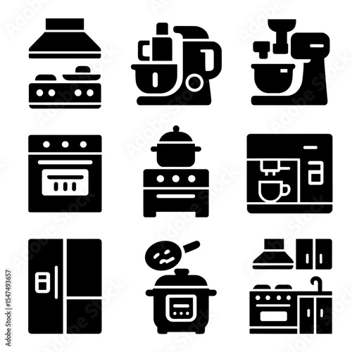 Multipurpose Kitchen Icons. Solid style icons of multipurpose kitchen units: kitchen hub, combo processor, mixer with grinder,