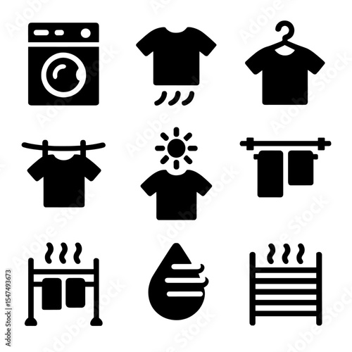 Drying Methods Icons. Solid style icons of drying methods: tumble dryer, air dry, hang dry, flat dry, drying line, sun drying,